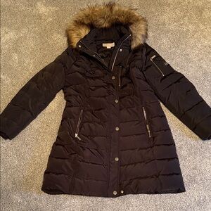 Women's Black Puffer Coat with Faux Fur Hood
